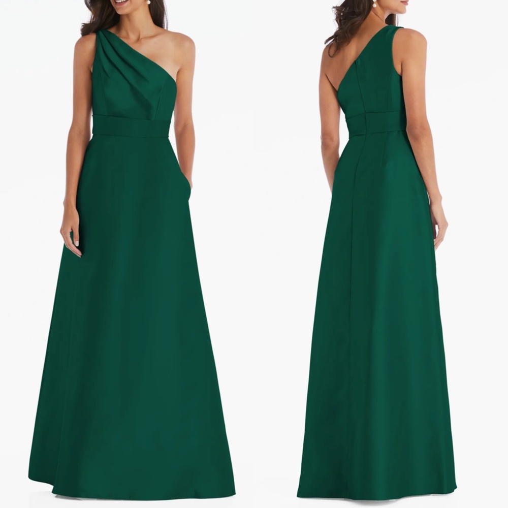 NEW D815S ALFRED SUNG Hunter Green ONE SHOULDER A-line POCKET Bridesmaid GOWN